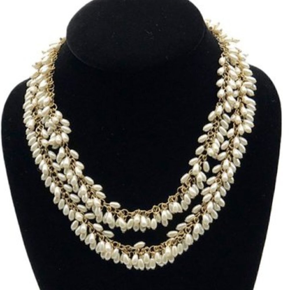 SALE NWB Talbots Fringy White Seed Pearl Bead Fringe Gold Strand Necklace 36"